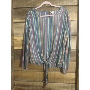 Keep In Touch Striped Bell Sleeve Tie Front‎ Blouse Top Size S